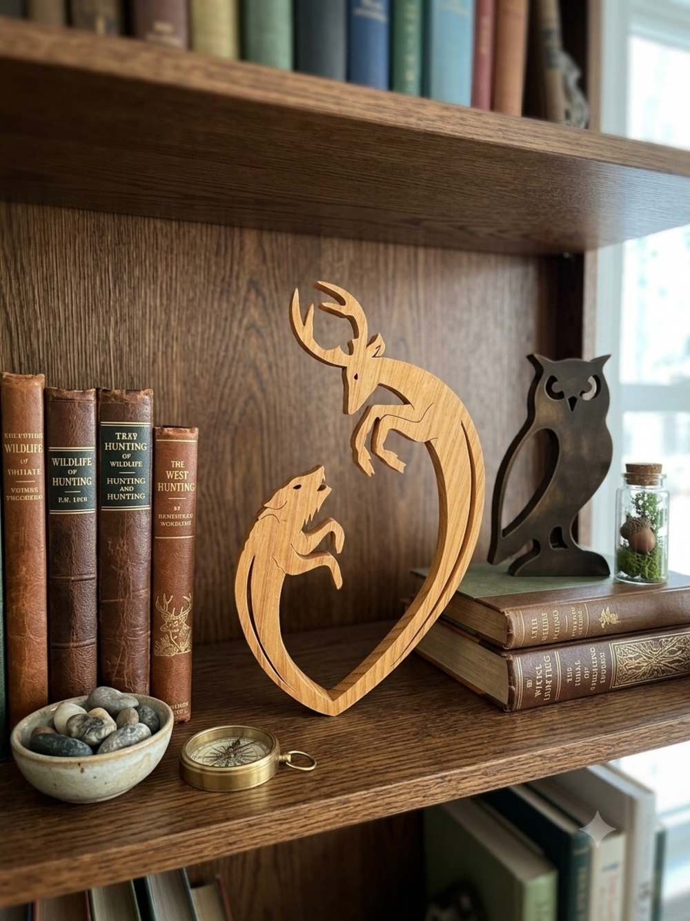 Handcrafted wooden silhouette featuring a deer and a howling wo 9x5 in